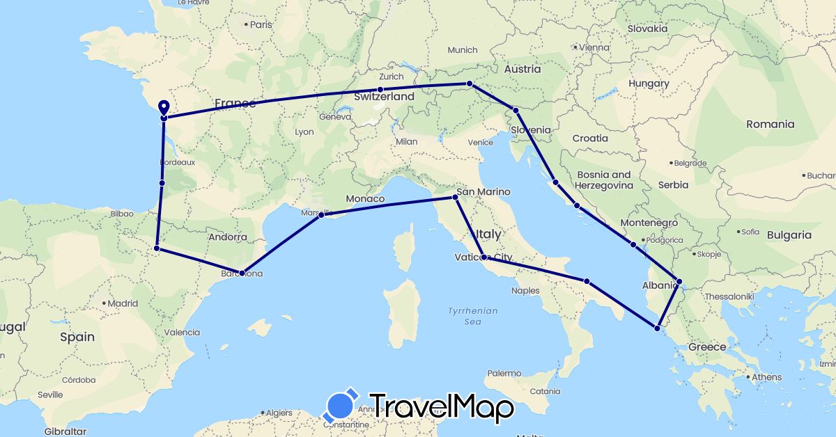 TravelMap itinerary: driving in Austria, Switzerland, Spain, France, Greece, Croatia, Italy, Montenegro, Macedonia, Slovenia (Europe)